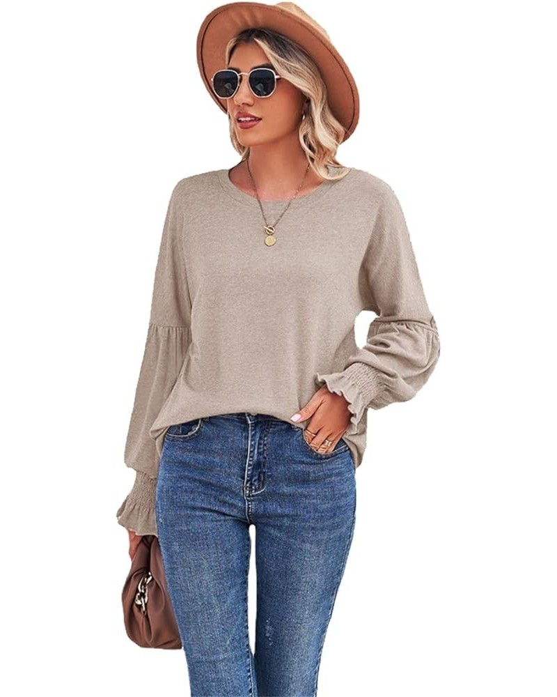 Women's Long Sleeve Top Lantern Sleeve Round Neck T-shirt Ruffle Cuff Tunic Top Loose Casual Shirt Apricot $13.46 Tops