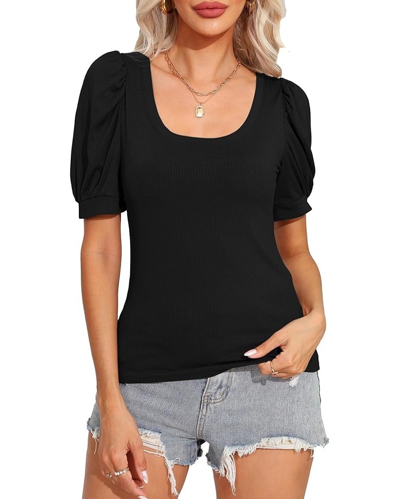 Women's Puff Short Sleeve Scoop Neck Tops Basic Ribbed Summer Shirt Slim Fit Black $13.24 T-Shirts