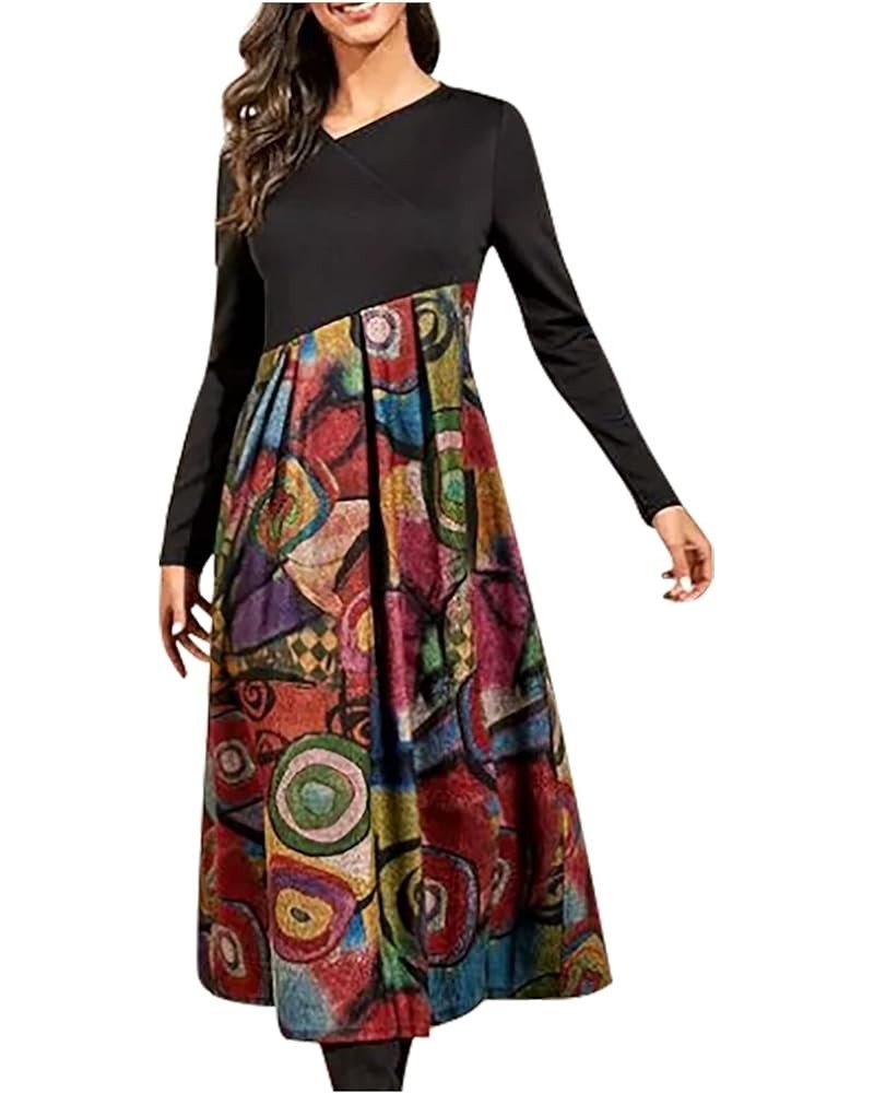 Long Sleeve Maxi Dress for Women V Neck Casual Boho Floral Print Fall Long Dresses B Red $11.60 Activewear