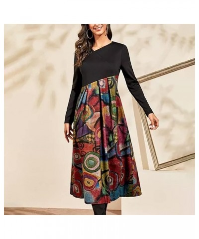 Long Sleeve Maxi Dress for Women V Neck Casual Boho Floral Print Fall Long Dresses B Red $11.60 Activewear