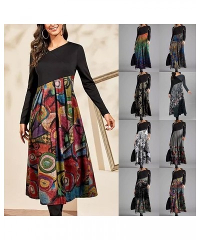 Long Sleeve Maxi Dress for Women V Neck Casual Boho Floral Print Fall Long Dresses B Red $11.60 Activewear