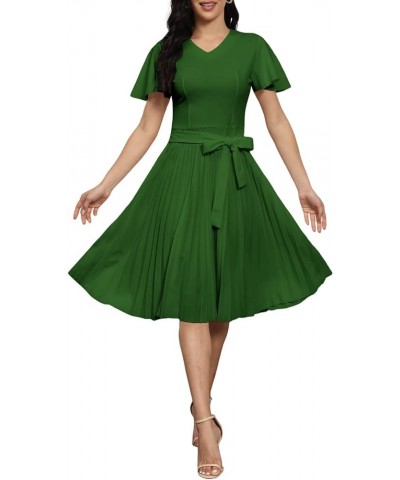 Pleated Dress for Women Short Sleeve Solid V Neck Zipper Tie Waist Midi Dress Green $10.79 Dresses