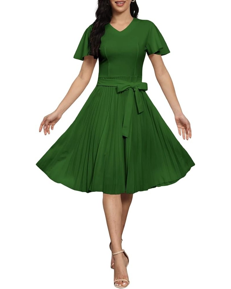 Pleated Dress for Women Short Sleeve Solid V Neck Zipper Tie Waist Midi Dress Green $10.79 Dresses