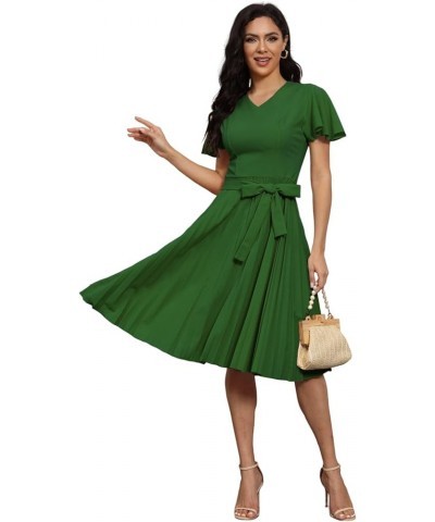 Pleated Dress for Women Short Sleeve Solid V Neck Zipper Tie Waist Midi Dress Green $10.79 Dresses