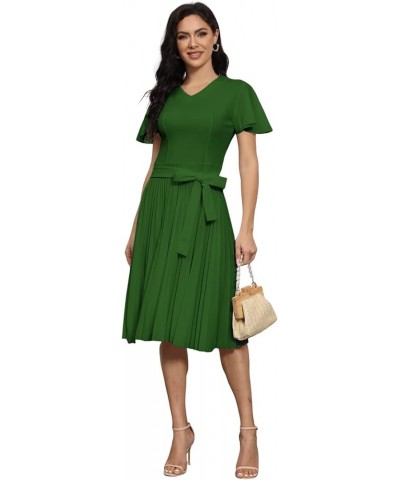 Pleated Dress for Women Short Sleeve Solid V Neck Zipper Tie Waist Midi Dress Green $10.79 Dresses