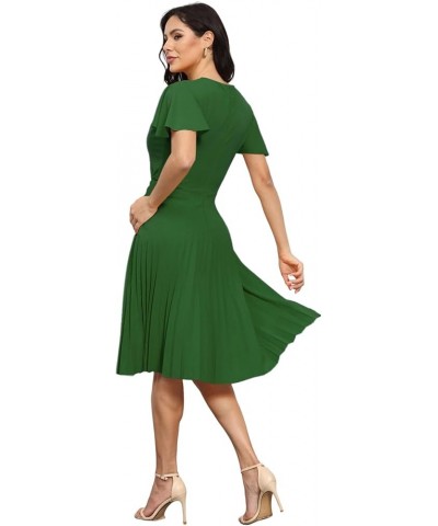 Pleated Dress for Women Short Sleeve Solid V Neck Zipper Tie Waist Midi Dress Green $10.79 Dresses