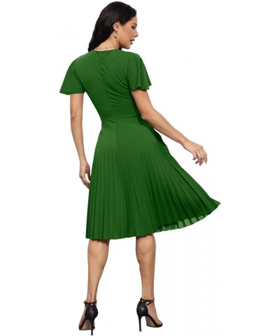 Pleated Dress for Women Short Sleeve Solid V Neck Zipper Tie Waist Midi Dress Green $10.79 Dresses