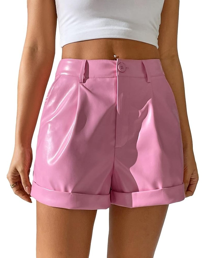 Women's PU Leather High Waist Straight Leg Shorts Roll Hem Shorts with Pockets Pink $20.87 Shorts