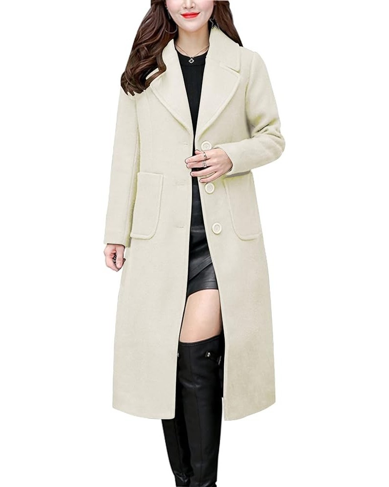 Women's Big Notch Lapel Single Breasted Mid-Long Wool Blend Coat Off-white $25.60 Coats