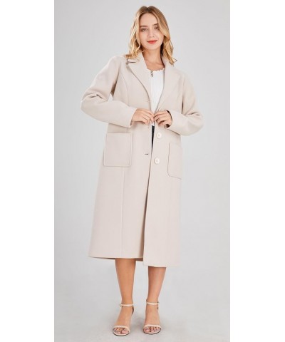 Women's Big Notch Lapel Single Breasted Mid-Long Wool Blend Coat Off-white $25.60 Coats