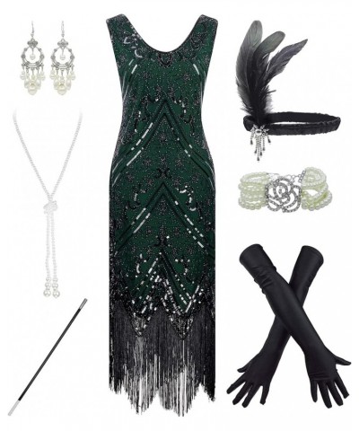 Women's 1920s Flapper Fringe Beaded Great Gatsby Party Dress with Costume Set Style02-black&green $21.96 Sets