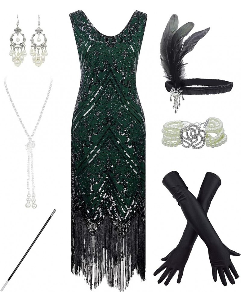 Women's 1920s Flapper Fringe Beaded Great Gatsby Party Dress with Costume Set Style02-black&green $21.96 Sets