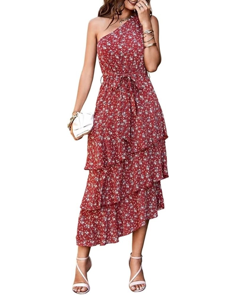 Women's Summer Dresses 2023 Maxi One Shoulder Sundress Casual Midi Floral Boho Flowy Long Ruffle Tiered Beach Dress Floral Br...