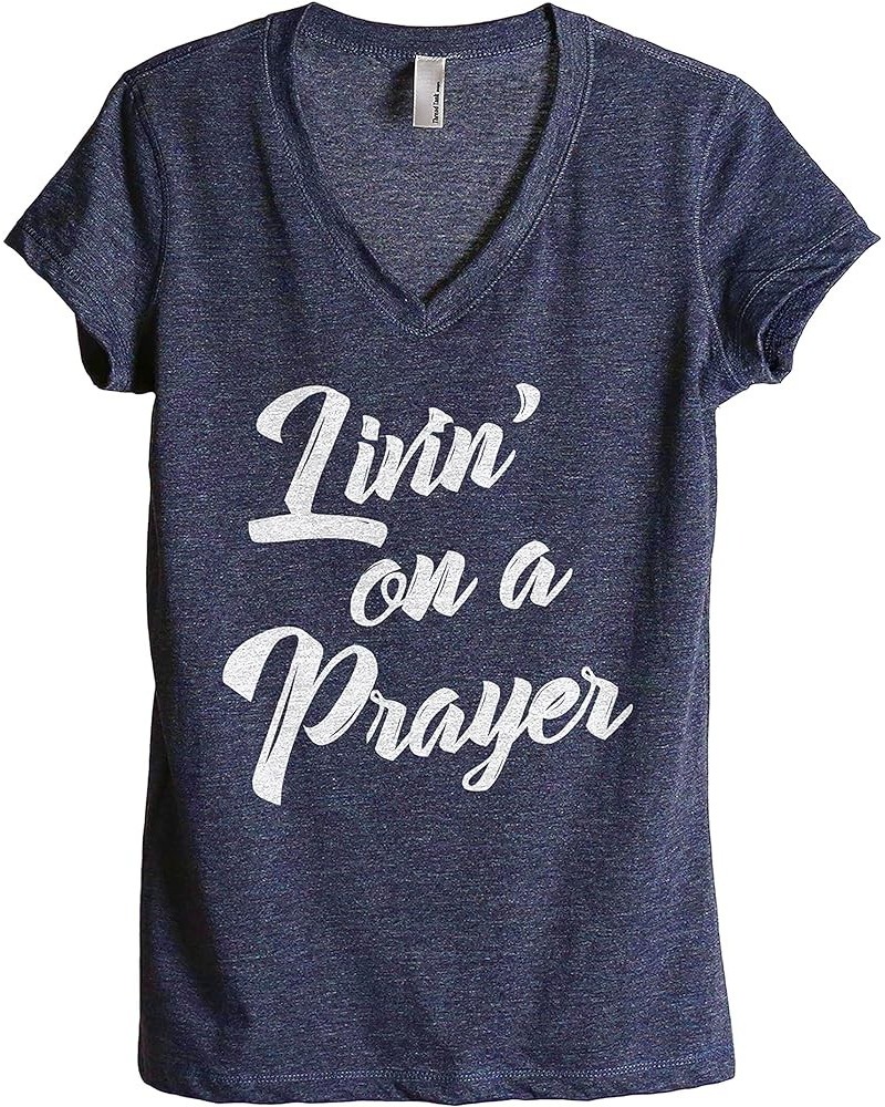 Living On A Prayer Shirt Women's Relaxed V Neck Christian T Shirt Religious Themed Graphic Tee Casual Summer Tops Heather Nav...