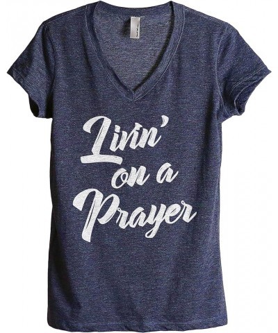 Living On A Prayer Shirt Women's Relaxed V Neck Christian T Shirt Religious Themed Graphic Tee Casual Summer Tops Heather Nav...