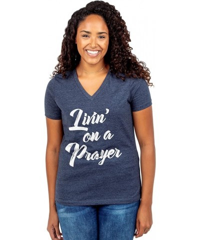 Living On A Prayer Shirt Women's Relaxed V Neck Christian T Shirt Religious Themed Graphic Tee Casual Summer Tops Heather Nav...