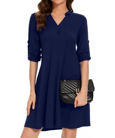 Women’s 3/4 Sleeve Dress V Neck Plus Size Tshirt Dress for Women Knee Length with Pockets Navyblue $11.35 Dresses