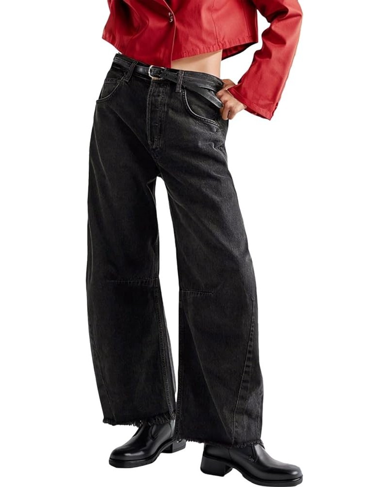 Women Baggy Jeans Loose Barrel Jeans Wide Leg Mid Waist Cropped Denim Pants Y2K Boyfriends Jeans with Pockets 01-black $16.47...