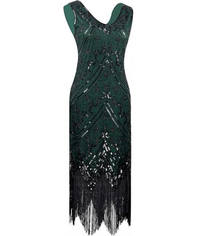 Women's 1920s Flapper Fringe Beaded Great Gatsby Party Dress with Costume Set Style02-black&green $21.96 Sets