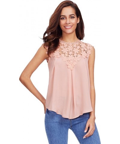 Women's Lace Neckline Sleeveless Chiffon Blouse Top Pink $11.20 Blouses