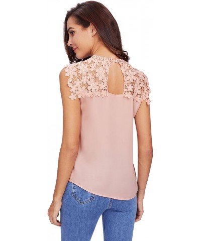 Women's Lace Neckline Sleeveless Chiffon Blouse Top Pink $11.20 Blouses