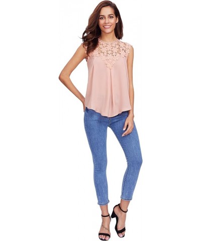 Women's Lace Neckline Sleeveless Chiffon Blouse Top Pink $11.20 Blouses