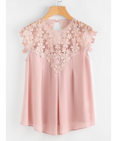 Women's Lace Neckline Sleeveless Chiffon Blouse Top Pink $11.20 Blouses