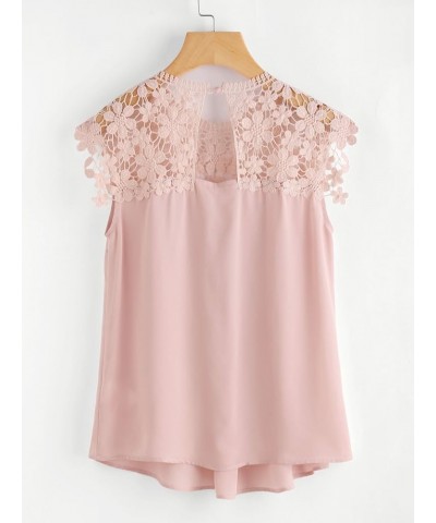 Women's Lace Neckline Sleeveless Chiffon Blouse Top Pink $11.20 Blouses