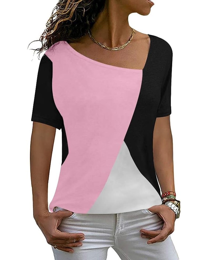 Womens Summer Tops Short Sleeve Casual Shirts Asymmetric Neck Color Block Tunic 3- Solid Pink $14.24 Tops