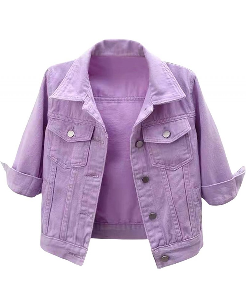 Cropped Denim Jacket for Women 3/4 Sleeve Colored Light Ripped Short Jean Jackets Trucker Coats Purple $17.15 Jackets