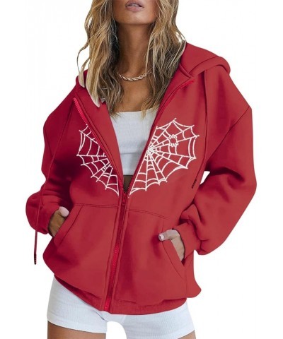 Womens Hoodies Cute Zip up Hoodies for Women Long Sleeve Fall Oversized Casual Drawstring Sweatshirts with Pocket Red-4 $14.1...