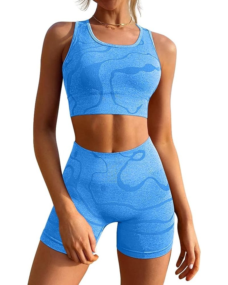 Women's Workout 2 Piece Outfits High Waist Running Shorts Seamless Gym Yoga Sports Bra Blue $22.19 Activewear