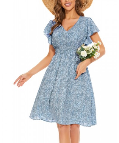 Women's 2023 Floral Summer Dress V Neck Ruffle Short Sleeve A-Line Bohemian Midi Dress $10.80 Dresses