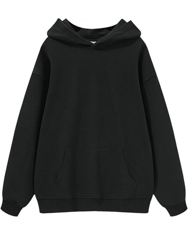 Oversized Hoodie Sweatshirts for Women Long Sleeve Fleece Drop Shoulder Kangaroo Pocket Loose Plain Hooded Pullovers Black- B...