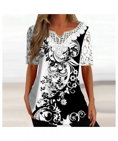 Women Floral Lace Trim Blouses Short Sleeve Causal Summer Tops V Neck Cute Tunic Shirts Flowy Trendy Ladies Clothing Black 28...