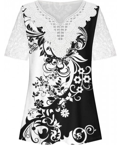 Women Floral Lace Trim Blouses Short Sleeve Causal Summer Tops V Neck Cute Tunic Shirts Flowy Trendy Ladies Clothing Black 28...