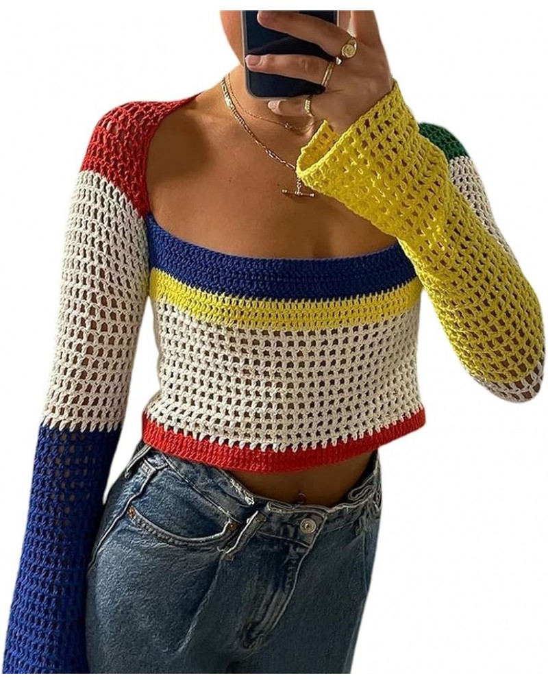 Women's Crochet Knit Mesh Sweater Square Neck Long Sleeve Color Block Y2k Pullover Crop Tops Blouse Tops Royal Blue $11.99 Sw...