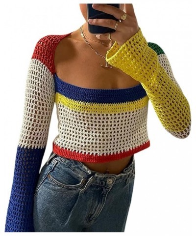 Women's Crochet Knit Mesh Sweater Square Neck Long Sleeve Color Block Y2k Pullover Crop Tops Blouse Tops Royal Blue $11.99 Sw...