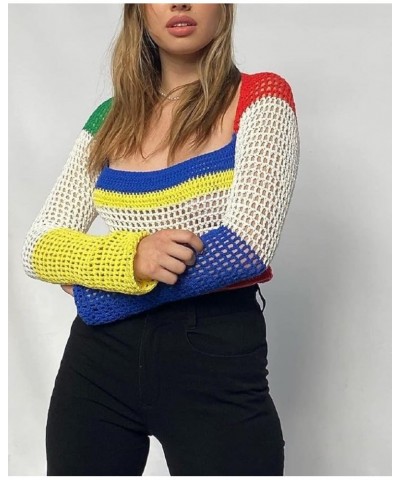 Women's Crochet Knit Mesh Sweater Square Neck Long Sleeve Color Block Y2k Pullover Crop Tops Blouse Tops Royal Blue $11.99 Sw...