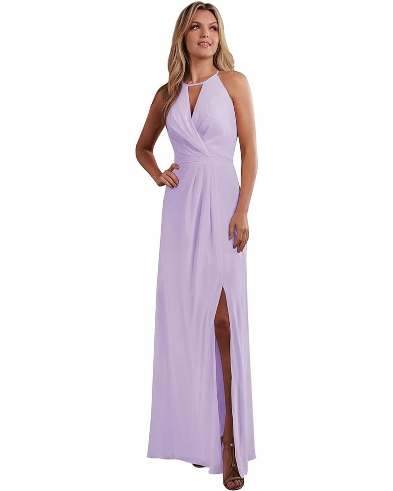 Halter Chiffon Bridesmaid Dresses for Wedding A Line Long Ruched Sleeveless Prom Evening Dress with Slit Lavender $35.00 Dresses