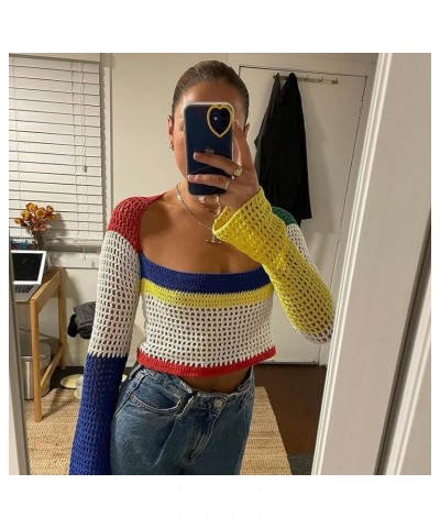 Women's Crochet Knit Mesh Sweater Square Neck Long Sleeve Color Block Y2k Pullover Crop Tops Blouse Tops Royal Blue $11.99 Sw...