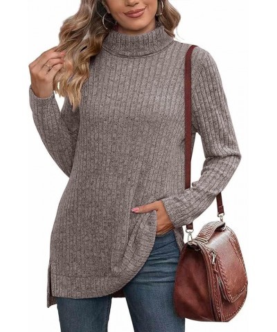 Women's High Neck Ribbed Pullover Elegant Oversized Turtleneck Side Split Tunic Tops Sweaters Heather Charcol $11.20 Sweaters