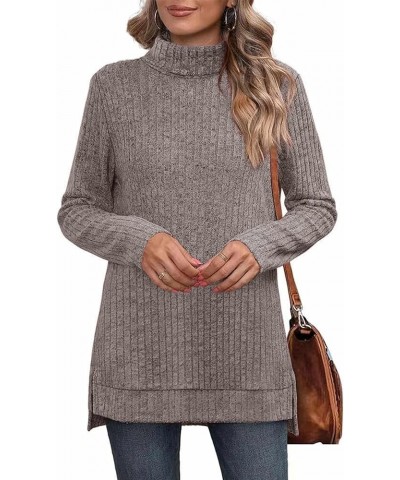 Women's High Neck Ribbed Pullover Elegant Oversized Turtleneck Side Split Tunic Tops Sweaters Heather Charcol $11.20 Sweaters