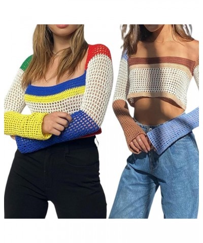 Women's Crochet Knit Mesh Sweater Square Neck Long Sleeve Color Block Y2k Pullover Crop Tops Blouse Tops Royal Blue $11.99 Sw...