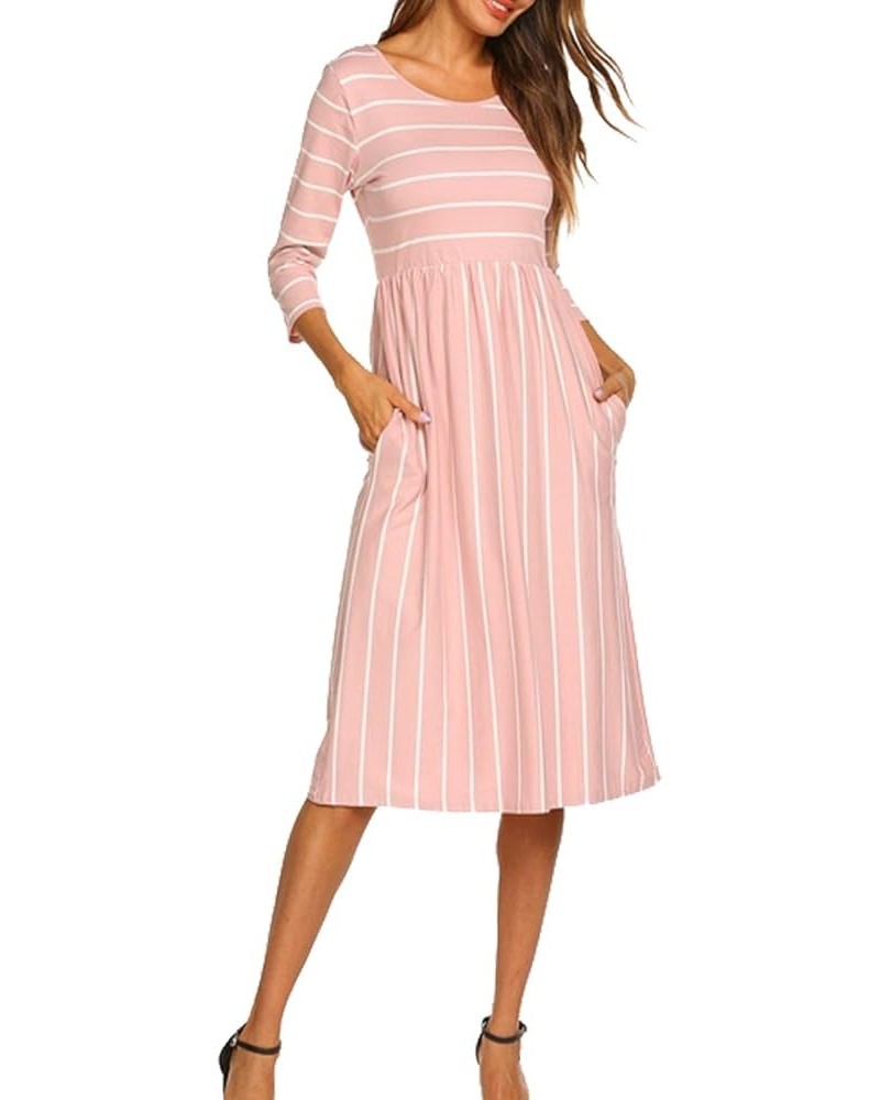 Women's 3 4 Sleeve Stripe Elastic Waist Casual Dress with Pocket Light Pink $12.45 Dresses