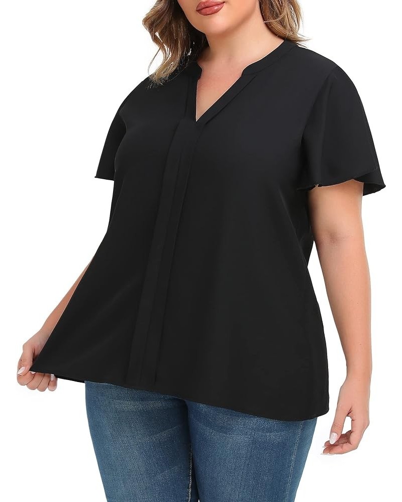 Office Women's Plus Size Notched V Neck Fold Pleated Blouse Tops Black $14.27 Blouses