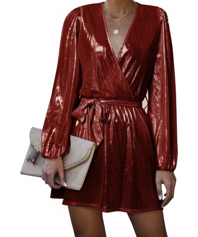 Women's Long Sleeve Metallic Sequin Mini Dress V Neck Sparkle Glitter Party Club Dress Wine Red $27.00 Dresses