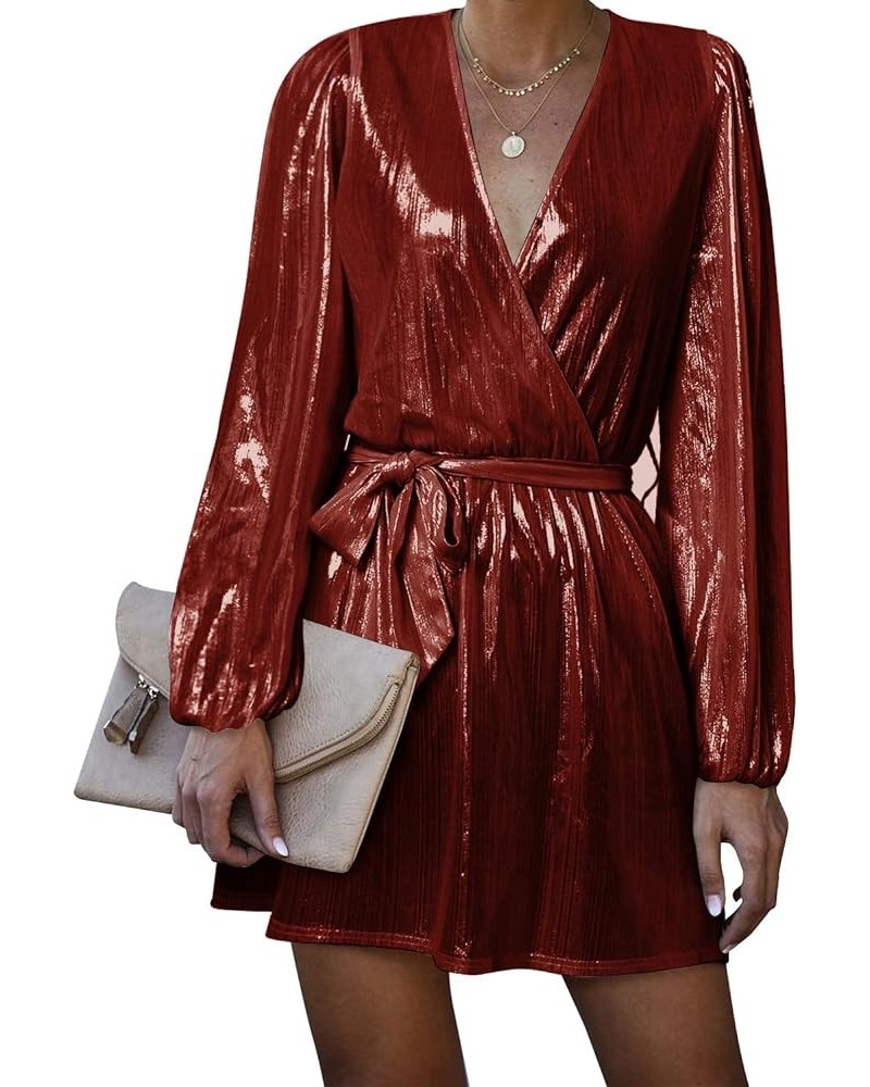 Women's Long Sleeve Metallic Sequin Mini Dress V Neck Sparkle Glitter Party Club Dress Wine Red $27.00 Dresses