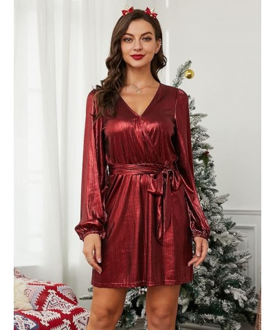 Women's Long Sleeve Metallic Sequin Mini Dress V Neck Sparkle Glitter Party Club Dress Wine Red $27.00 Dresses