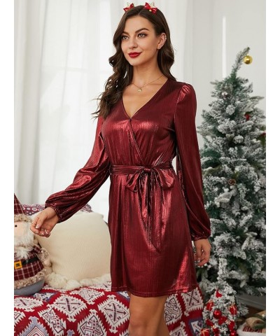 Women's Long Sleeve Metallic Sequin Mini Dress V Neck Sparkle Glitter Party Club Dress Wine Red $27.00 Dresses